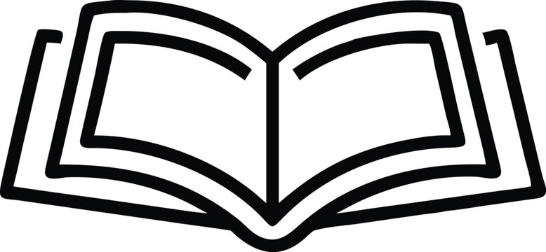 Open book, minimalist icon, black and white, simple lines, geometric design, flat graphic, reading symbol, knowledge representation, educational emblem, literature pictogram, information concept, book