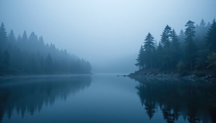 Fototapeta premium Misty forest lake, tranquil morning scene