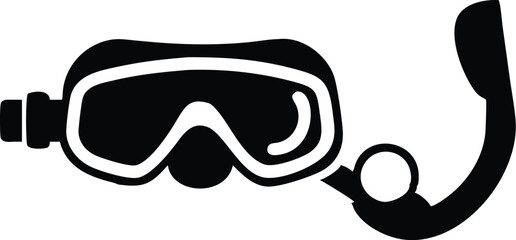 Diving mask icon, snorkel equipment, black and white illustration, simple line drawing, minimalist design, water sports gear, scuba diving symbol, aquatic activity pictogram, clear outline, vector gra