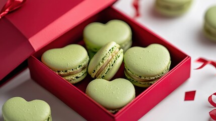 French sweet Matcha green heart macaroons on green background,French green tea macaron cookies baked pattern,Paris Pastry,bakery and branding valentine couple concept,copy space.