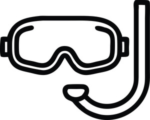 Diving mask icon, snorkel equipment, black and white illustration, simple line drawing, minimalist design, water sports gear, scuba diving symbol, aquatic activity pictogram, clear outline, vector gra