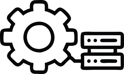 Black and white icon, gear symbol, database storage, server stack, system configuration, technical illustration, minimalist design, vector graphic, settings menu, data management, industrial symbol, c