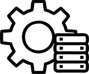 Black and white icon, gear symbol, database storage, server stack, system configuration, technical illustration, minimalist design, vector graphic, settings menu, data management, industrial symbol, c