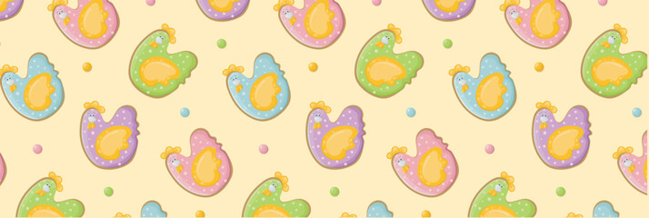 Pattern of easter hens with sweet pea sprinkles. Religious holiday happy easter. Festive seamless background with gingerbread birds and polka dot. Vector wallpaper for wrapping paper.