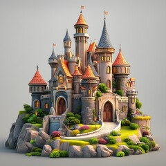 Beautiful and magnificent 3D cartoon palace, on a white background, generative AI