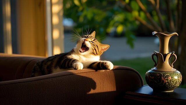 This image shows a tabby cat with white markings yawning on the arm of a brown sofa. The cat is in a relaxed posture, with its mouth wide open and eyes closed.