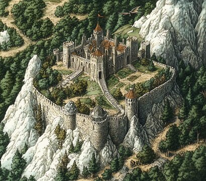 an academy of standing on a rocky hill, surrounded by dense forests and training grounds, defended by a wall around, with a small dragon flying above it