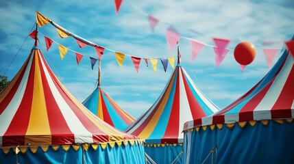 Circus tent, building and carnival marquee icons. Vector and big tops with flags, red white strips and balloons. Chapiteau, amusement park and funfair, entertainment architecture