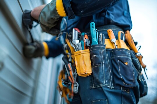 Skilled handyman working with tools outdoors