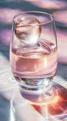 Pink drink, ice sphere, glass, sunlight, studio, advert