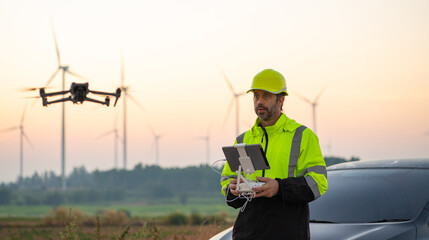 Engineer Specialists Pilot Drone on Wind Turbine Farm. Architectural Engineer and Safety Engineering Inspector Fly Drone at industrial plant.