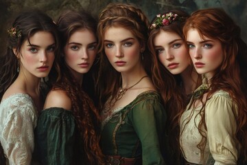 Fototapeta premium Five beautiful actresses posing for a renaissance portrait