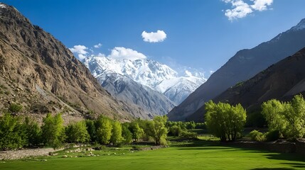 Fototapeta premium Lush green valley with towering mountains, serene landscape under a bright blue sky, perfect for outdoor activities and relaxation.