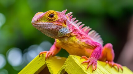 Obraz premium Colorful Lizard with Bright Pink and Yellow Scales in Nature