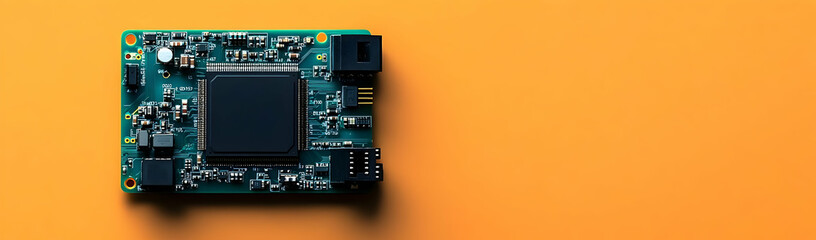 Circuit board on orange, tech background