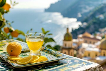 Un bicchiere di limoncello servito su un vassoio di ceramica dipinto a mano, con accanto delle scorze di limone. Sullo sfondo, una vista della Costiera Amalfitana, con le case color pastello e il mare