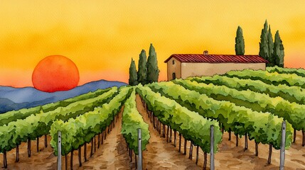 Fototapeta premium Tuscan Vineyard Sunset: A Serene Watercolor Painting of Italian Countryside