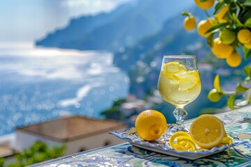 Un bicchiere di limoncello servito su un vassoio di ceramica dipinto a mano, con accanto delle scorze di limone. Sullo sfondo, una vista della Costiera Amalfitana, con le case color pastello e il mare
