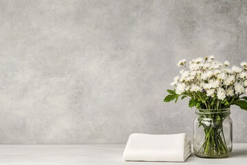 perfectly folded linen napkin placed neatly beside small elegant glass jar filled with white wildflowers