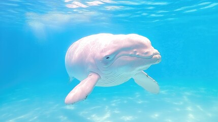 Naklejka premium White beluga whale swimming in clear ocean water. Use marine wildlife, conservation