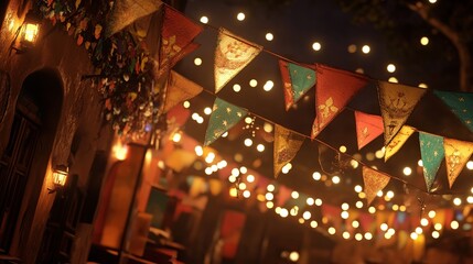 Festive street, night market, bunting, lights, celebration, background blur, ambiance, event