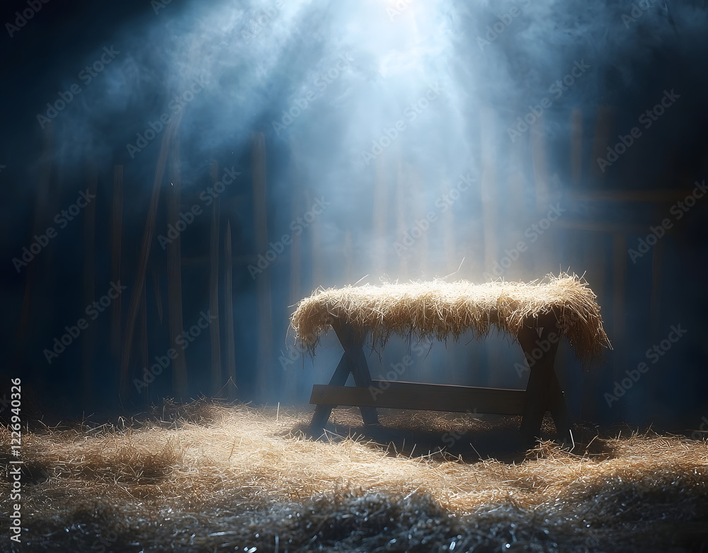 Wall mural fog and empty manger with light falling on it - waiting for the messiah
