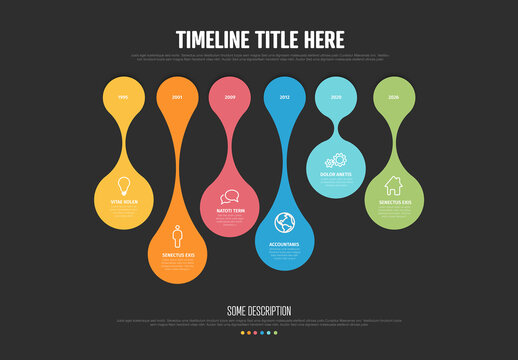 Colorful Timeline Infographic Template Design made from big color droplets on dark background