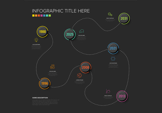 Dark Infographic timeline template with icons and simple content. Dotted black timeline template