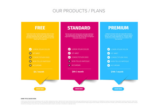 Product Pricing Plan Comparison Chart with free standard and premium subscription plans