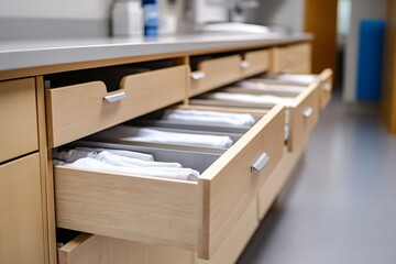 Open wooden drawers containing medical supplies in hospital or clinic setting