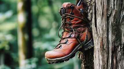 brown hiking boot tied to tree trunk in forest