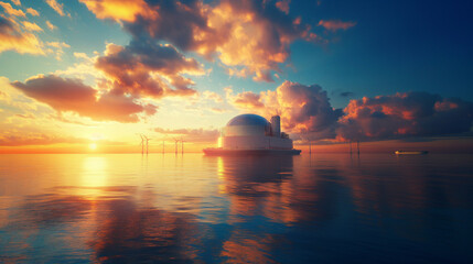 Futuristic Floating Power Plant at Sunset Generative AI