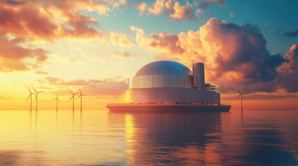 Futuristic Floating Power Plant at Sunset Generative AI