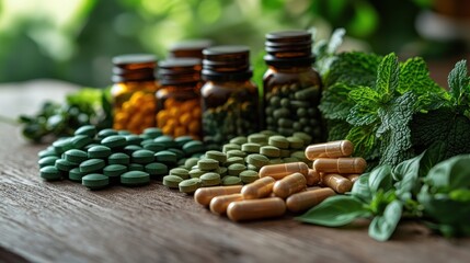 Assorted herbal supplements and fresh mint on wooden table