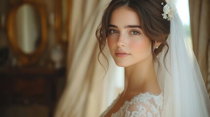 Naklejka premium Bride in elegant attire posing in luxurious interior