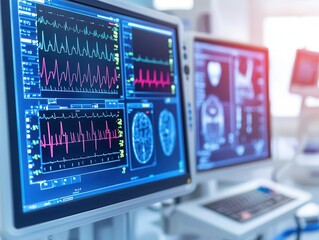 Advanced medical monitors displaying heart rate, brain scans, and vital signs in a clinical setting.