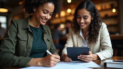 Two women are sitting at table with tablet and pen