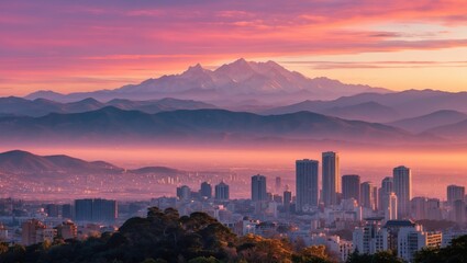 Obraz premium Sunrise view of urban skyline and mountains cityscape nature