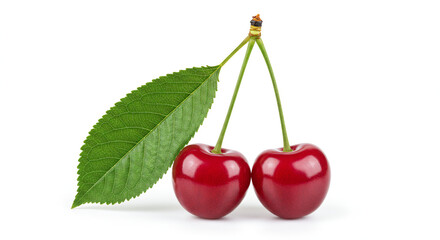 2  red cherries on white background, fruit