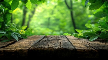 Rustic wood table, forest backdrop, spring leaves, product display