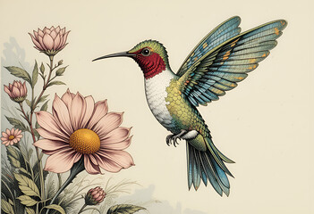 Obraz premium A hummingbird hovering over flowers is a bright and detailed composition reflecting the beauty of nature.