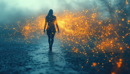 Obraz premium Leadership Woman Walking with Network Effect on Foggy Path