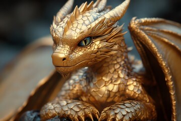 Golden dragon resting on a rock, observing with intense gaze