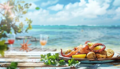 Un intero polpo alla griglia con patate novelle al forno, prezzemolo fresco e salsa al limone, servito su un piatto rustico in ceramica, su uno sfondo del mare