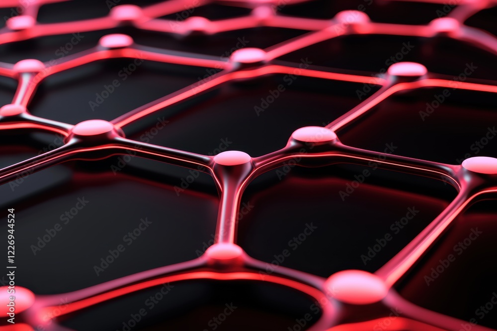 Poster a futuristic 3d rendering of an interconnected glowing grid with nodes and pathways, symbolizing glo