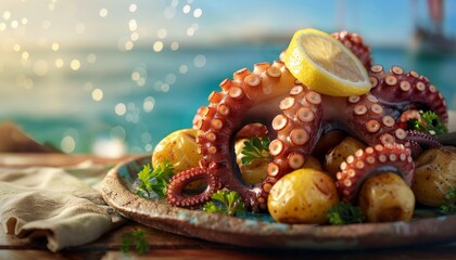 Un intero polpo alla griglia con patate novelle al forno, prezzemolo fresco e salsa al limone, servito su un piatto rustico in ceramica, su uno sfondo del mare