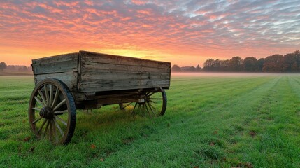 Rustic wagon sunrise field autumn mist nostalgia