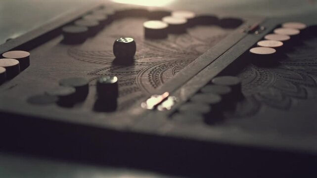 Wooden backgammon board and dice rolling in slow motion, traditional board game.