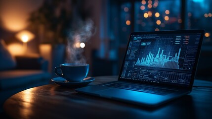 Laptop with Data Analytics on Screen and Coffee in Cozy Evening Setting