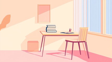 A minimalist home office with a single desk, a chair, and a small stack of books. picture